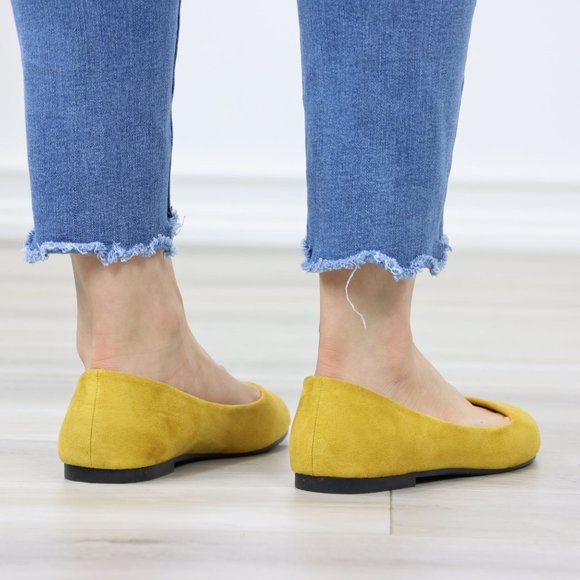 Mustard Yellow Faux Suede Wide Pointy Toe Slip On Flat Shoes - Picture 7 of 12